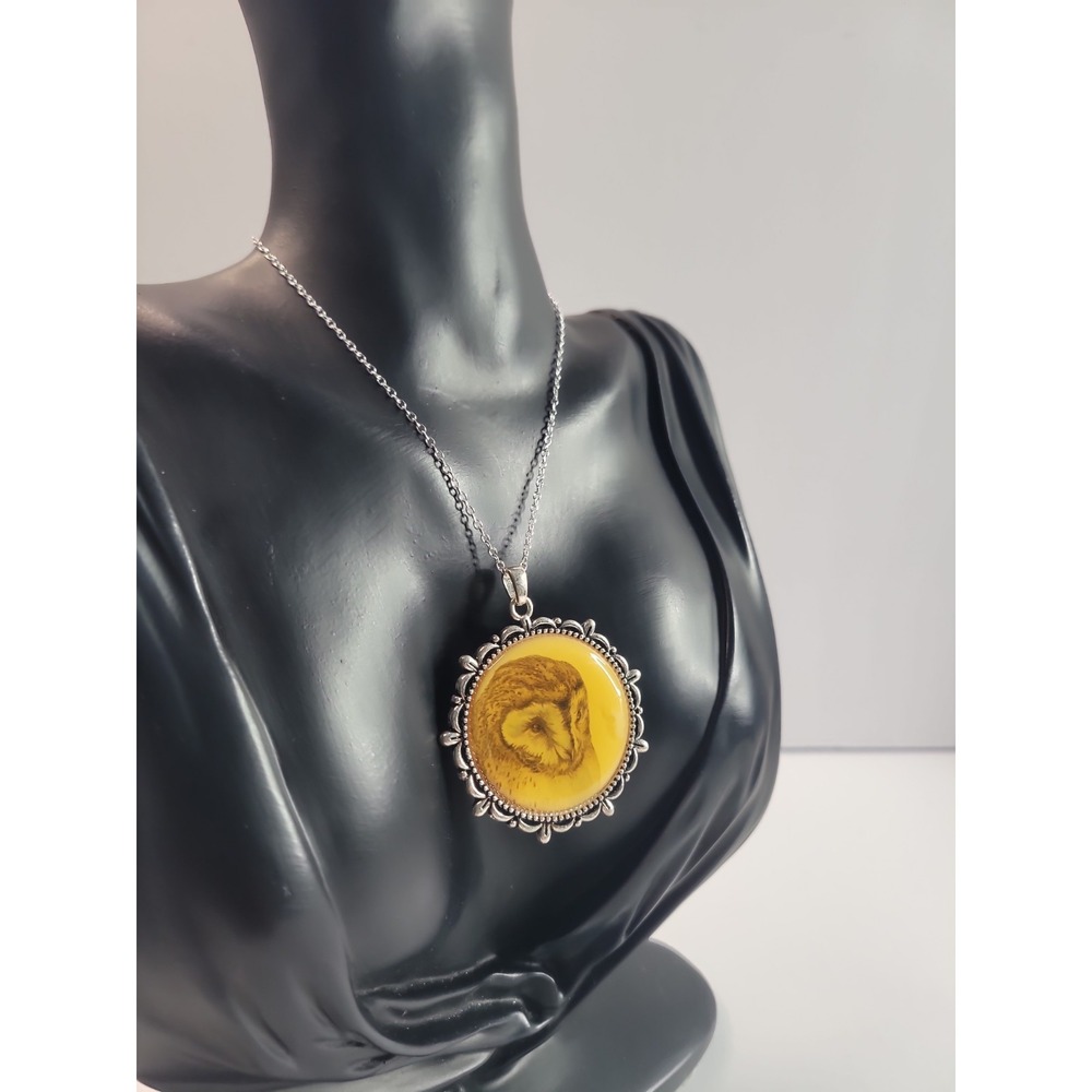 Owl Pendant Necklace Yellow Cabochon Silver Tone Ornate Vintage Style